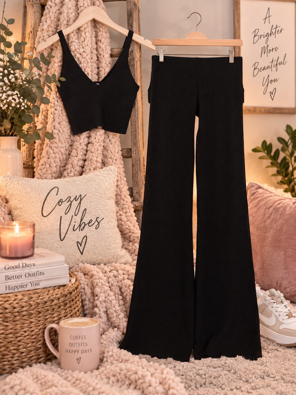 Garage Black Ribbed Wide-Leg Pants & Crop Top Set